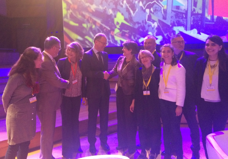EU Commissioner Navracsics and MEP Silvia Costa being congratulated by Sneška Quaedvlieg-Mihailović, Secretary General of Europa Nostra, Dr Uwe Koch from the German Cultural Heritage Committee, and other members of the European Heritage Alliance 3.3, at the European Cultural Forum. Photo: Europa Nostra