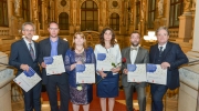 The six Grand Prix winners of the 2014 EU Prize for Cultural Heritage / Europa Nostra Awards after ceremony at the Burgtheater. From the left to the right, award-winning projects from Greece, Belgium, Romania, Hungary, Spain and Italy. Photo: Oreste Schaller.