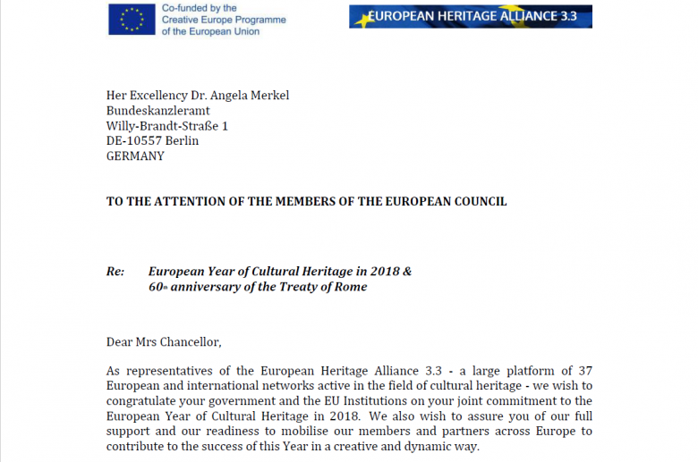 European Heritage Alliance 3.3 (Alliance), have signed and sent today a joint letter to the leaders of EU Member States with a forceful message
