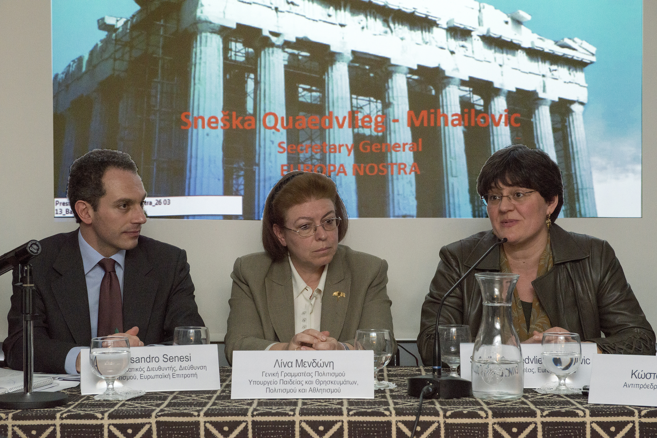 Alessandro Senesi, Deputy Head of Unit from the DG Education and Culture of the European Commission; Lina Mendoni, Secretary General for Culture of the Hellenic Ministry for Religious Affairs, Education, Culture and Sports; Sneška Quaedvlieg-Mihailović, Secretary General of Europa Nostra.